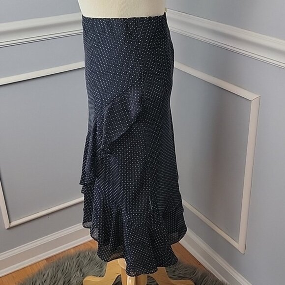 CHAPS Black White Polka-Dot Tiered Ruffled Elastic Waist Retro Office Skirt Sz M - Picture 2 of 7